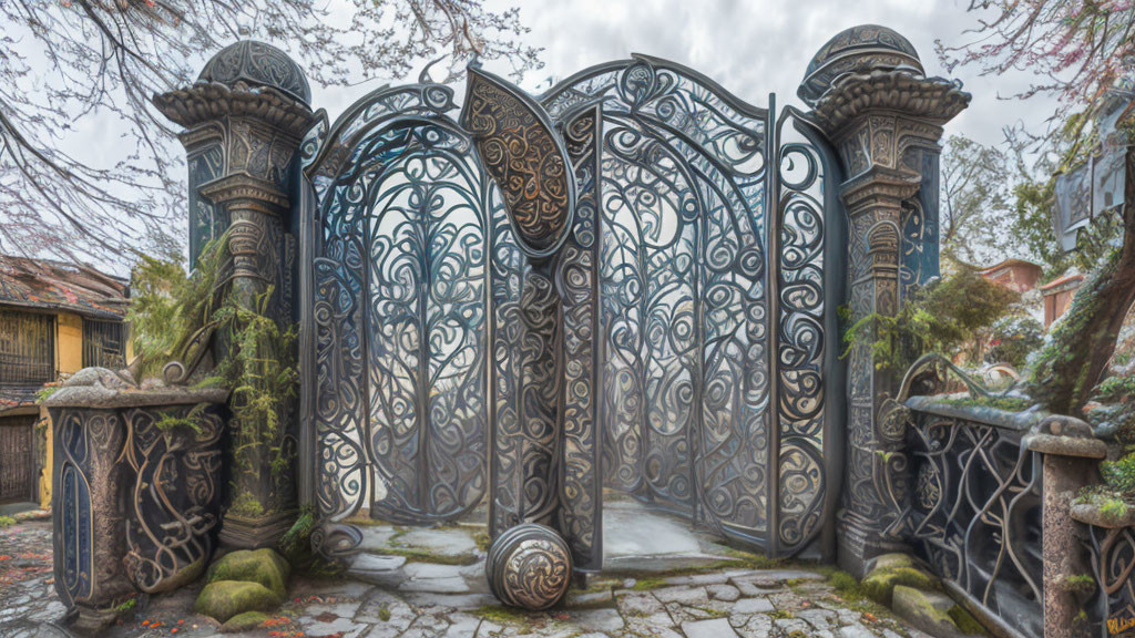 Intricate Metal Gates Flanked by Stone Pillars in Misty Garden