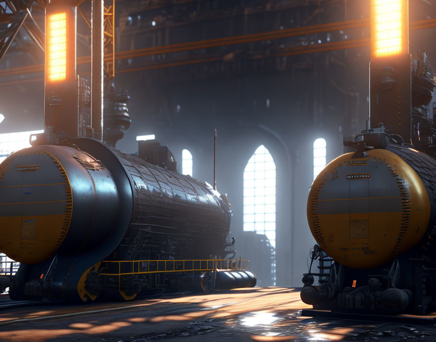 Futuristic train in industrial hangar with sunlight glow