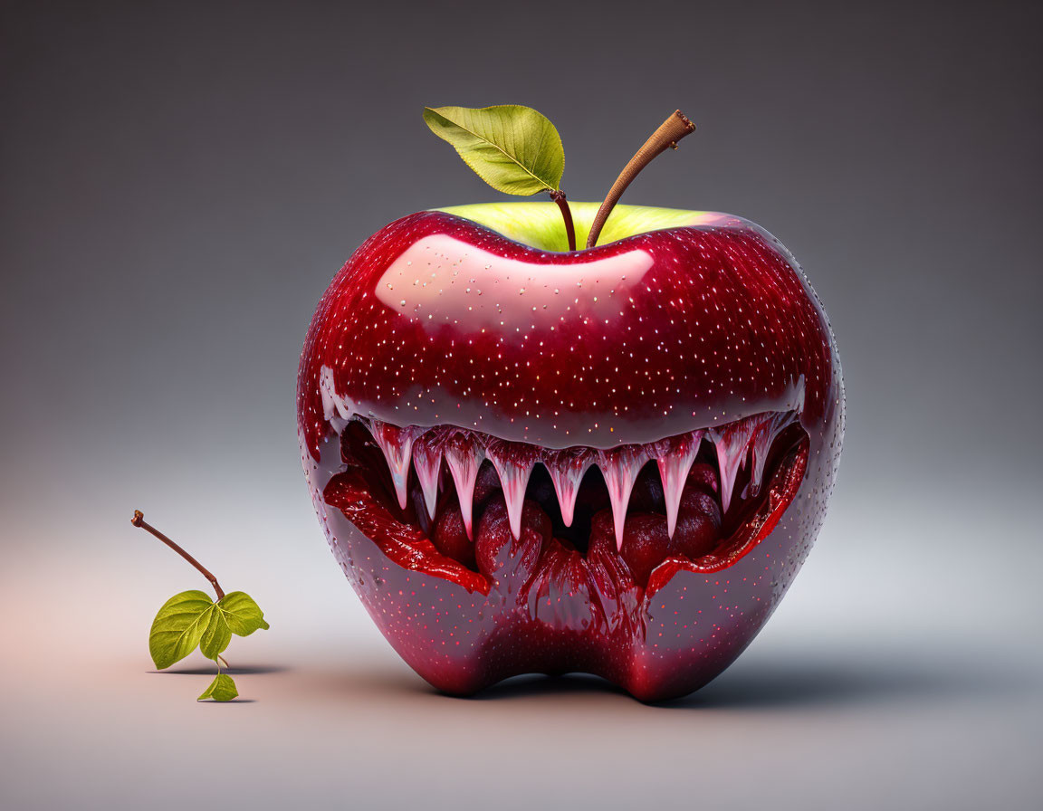 Red apple with sharp teeth and scary face beside small leaf and stem