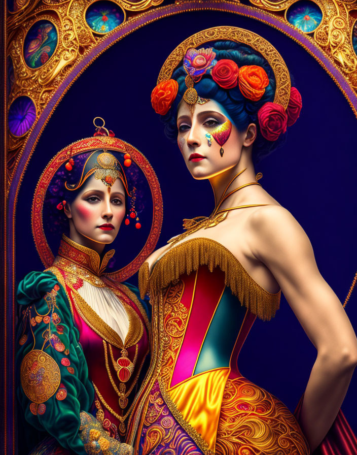 Vibrant Costumes and Ornate Makeup Against Dark Opulent Background