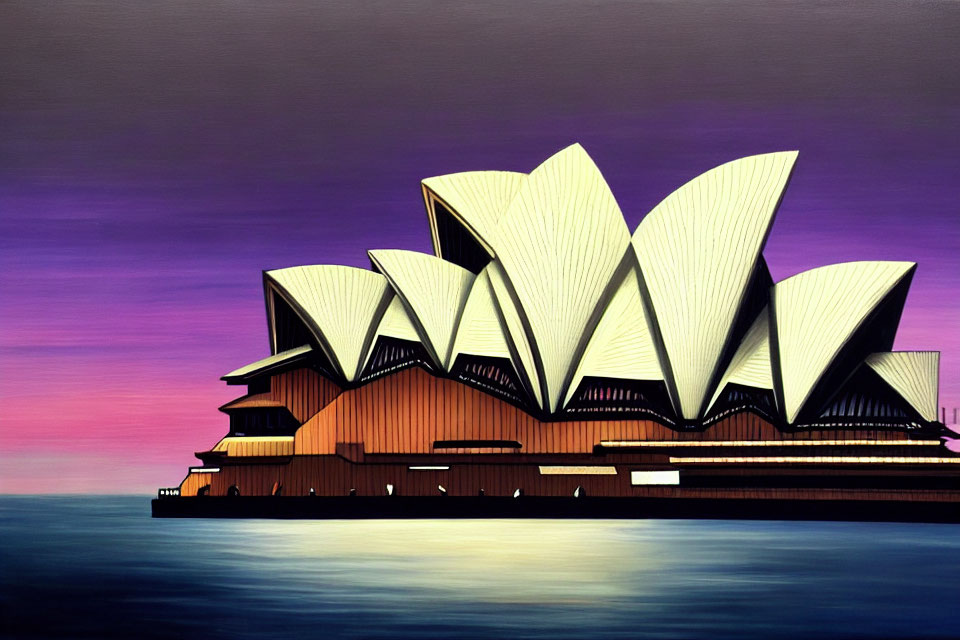 Stylized painting of Sydney Opera House at dusk with purple and pink skies