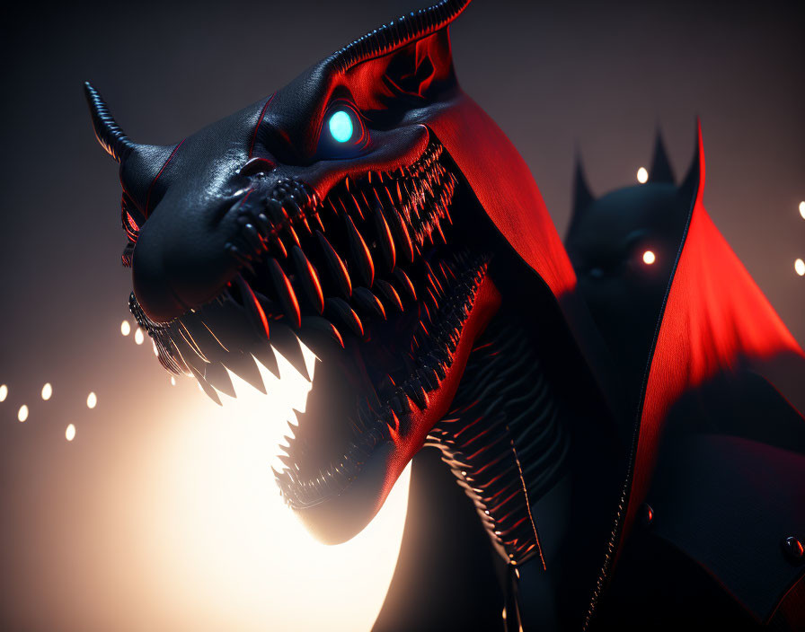 Black and Red Dragon with Glowing Blue Eyes and Sharp Teeth in Dark Atmosphere