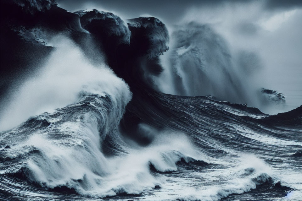 Monochrome image of tumultuous ocean waves under stormy sky