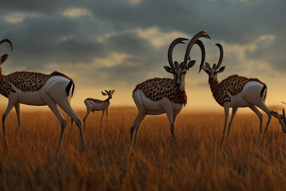 Grazing Gazelles with Distinctive Horns in Golden Savanna