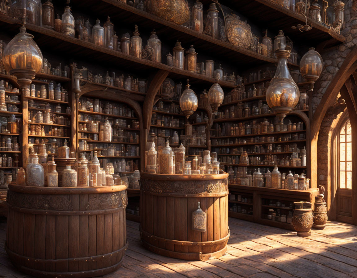 Vintage Apothecary Interior with Wooden Shelves and Glass Bottles