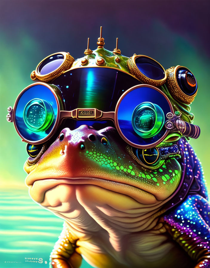 Vibrant Frog Illustration in Steampunk Helmet