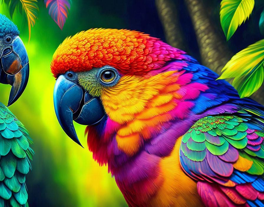 Colorful Parrots with Blue, Green, Yellow, and Pink Feathers on Green Background