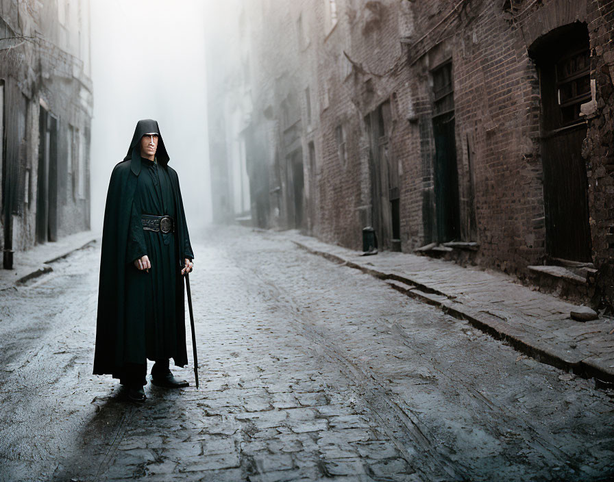 Mysterious figure in dark cloak on foggy cobblestone street