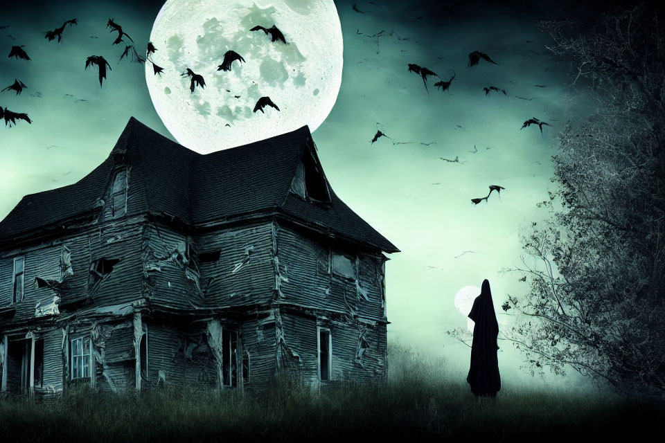 Full Moon Night: Old House, Bats, Cloaked Figure