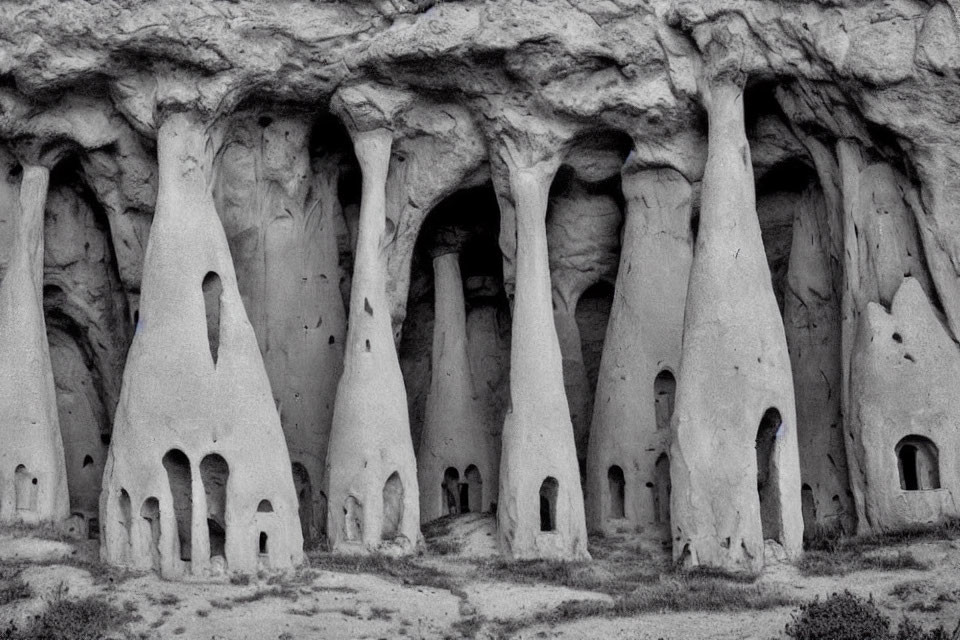 Monochrome image of weathered cliff resembling ancient cave dwellings