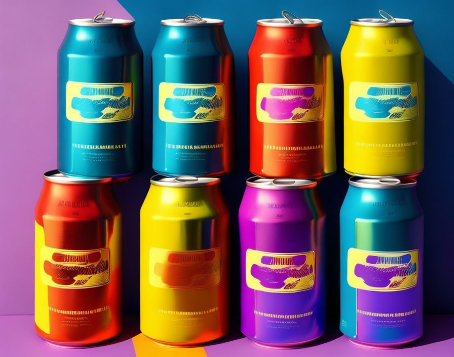 Vibrant Beverage Cans in 2-Row Pyramid Display on Dual-Tone Background