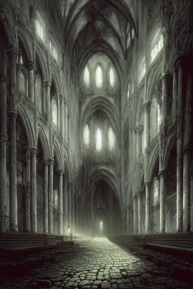 Gothic Cathedral Interior with Arched Ceilings and Column-Lined Nave