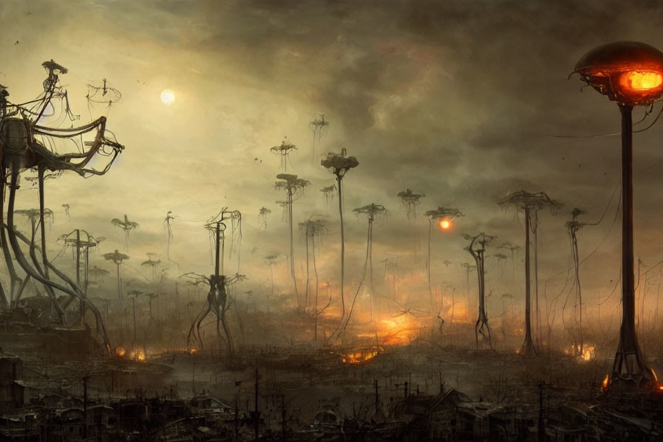 Dystopian landscape with tree-like structures under reddish sun