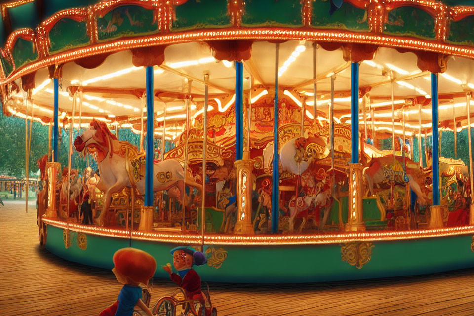 Vibrant carousel with ornate horses, chariots, and illuminated lights.