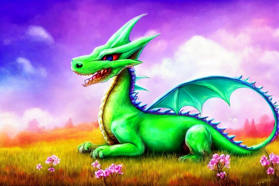 Colorful illustration of green dragon in meadow under purple sky