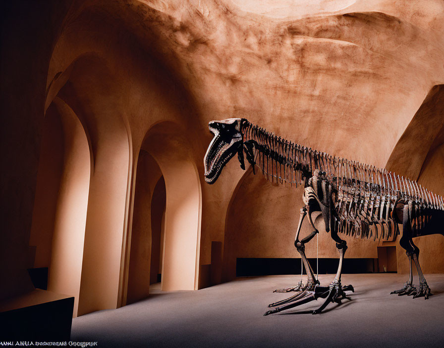 Dinosaur skeleton in dimly lit room with arched doorways