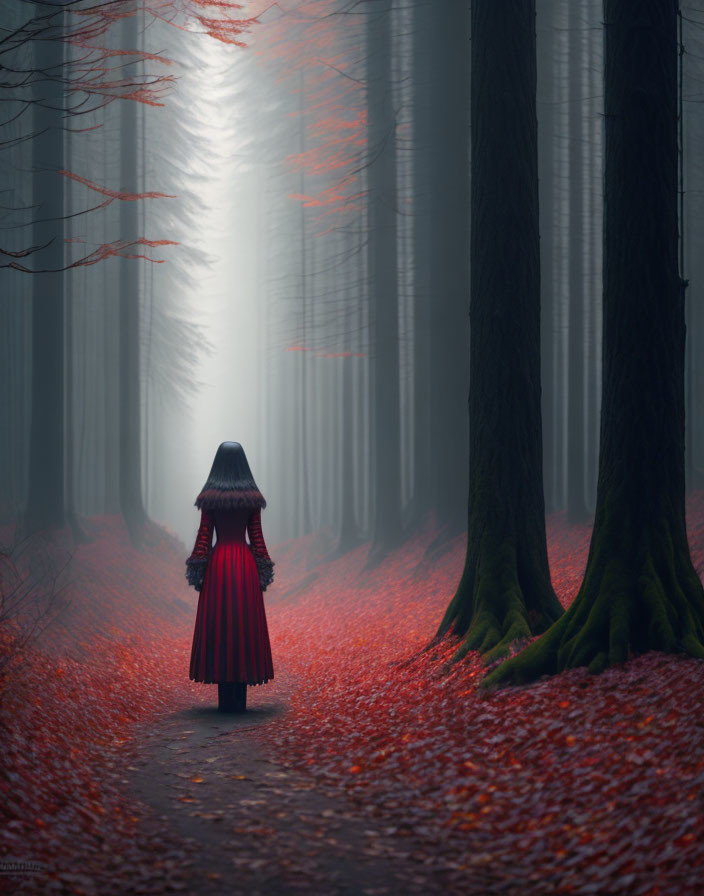 Person in Red Cloak Standing in Misty Autumn Forest