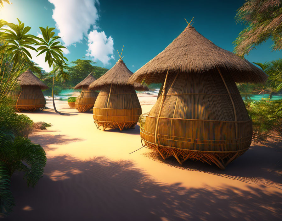 Tropical beach scene with thatched huts, palm trees, and blue sky