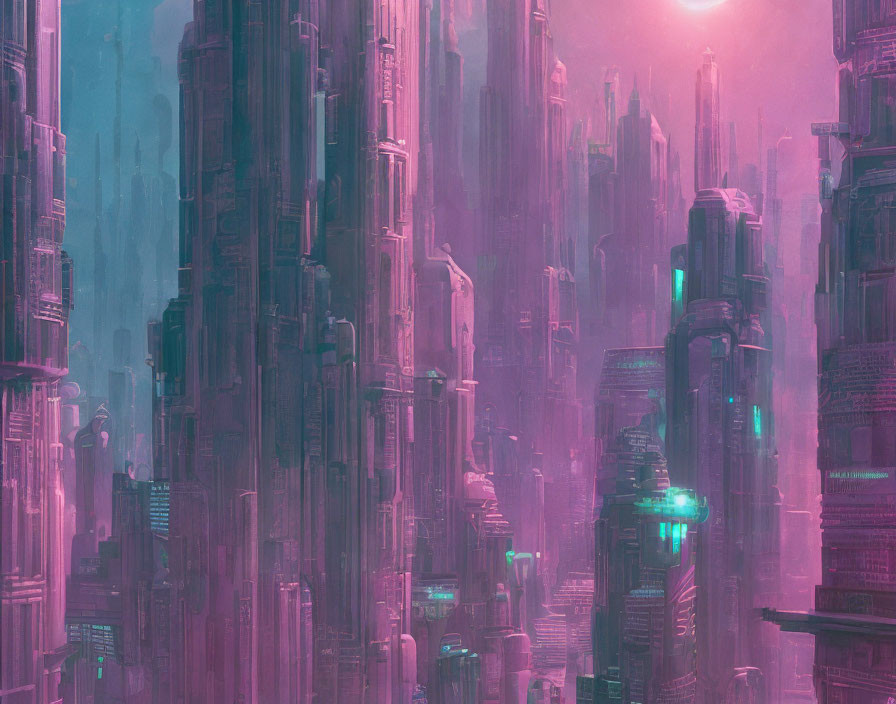 Pink-hued futuristic cityscape with towering skyscrapers and neon highlights