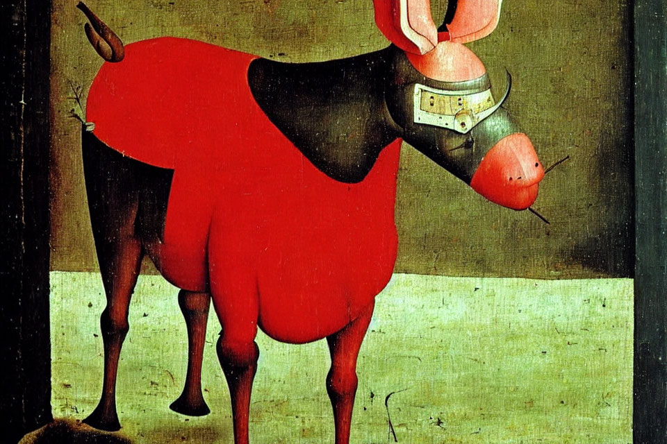 Surreal Painting: Red Anthropomorphic Creature with Sack, Funnel, and Stick-like Nose