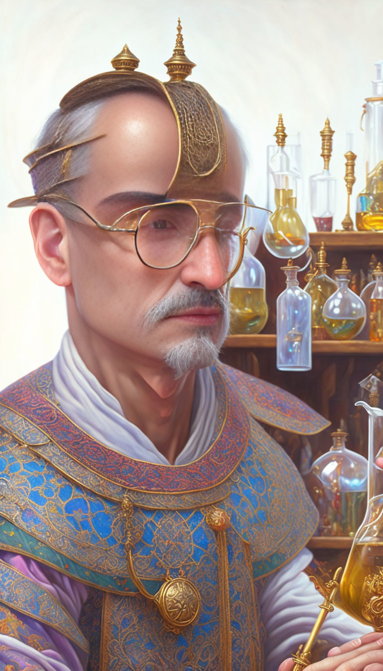 Man in monocle with ornate robes and headdress in laboratory with glass flasks.