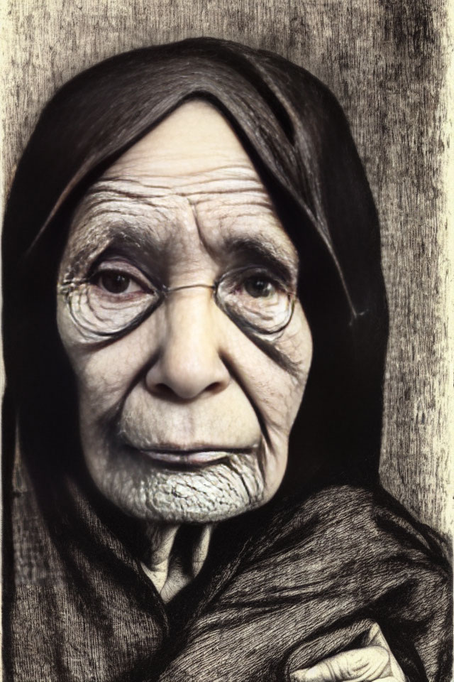 Elderly woman with headscarf and deep wrinkles gazes contemplatively