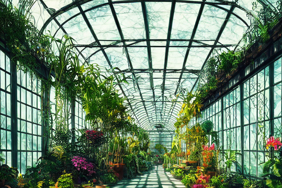 Greenhouse with Arched Glass Ceiling and Lush Plants