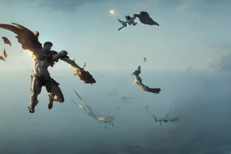 Winged humanoids flying over misty abyss with sunken ships