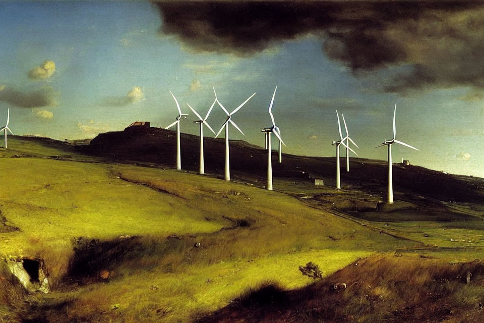 Dramatic cloudy sky over green hills with wind turbines