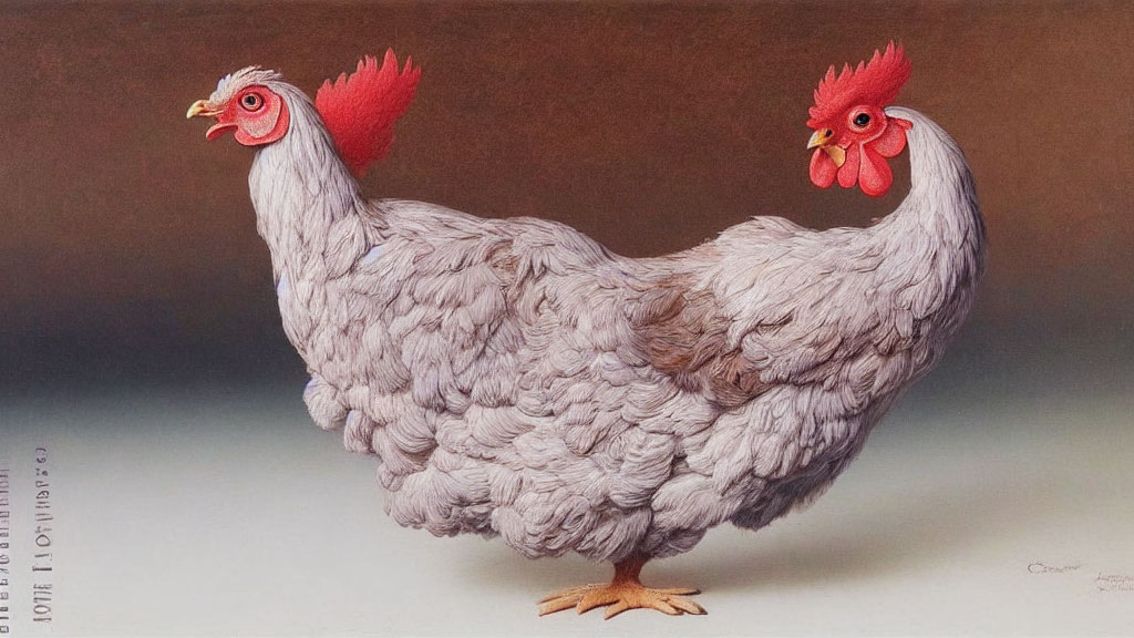 Unique Two-Headed Chicken Drawing with Gray Plumage and Red Combs