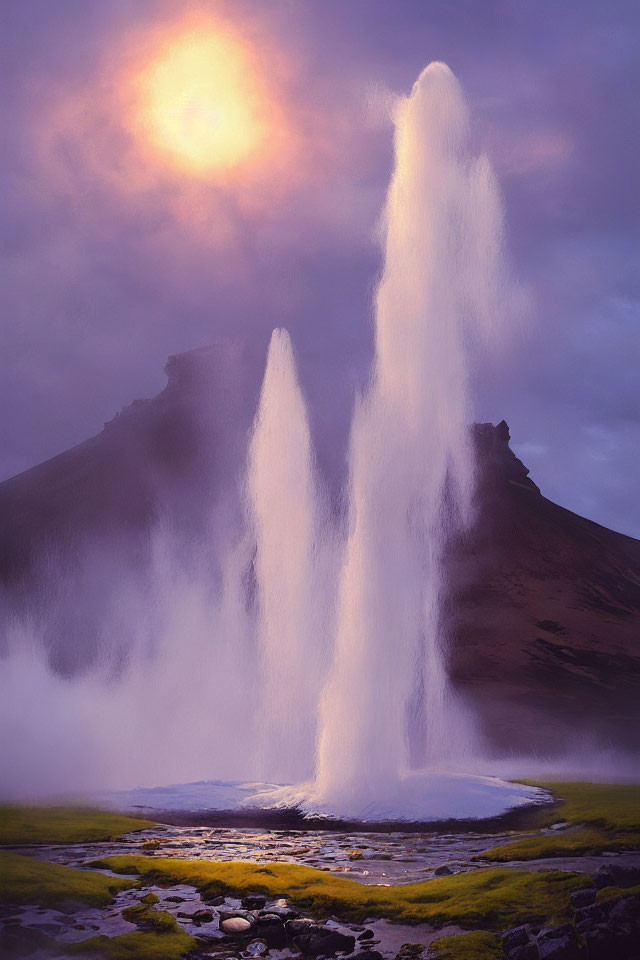 Geothermal geyser eruption under dramatic sky and rocky landscape