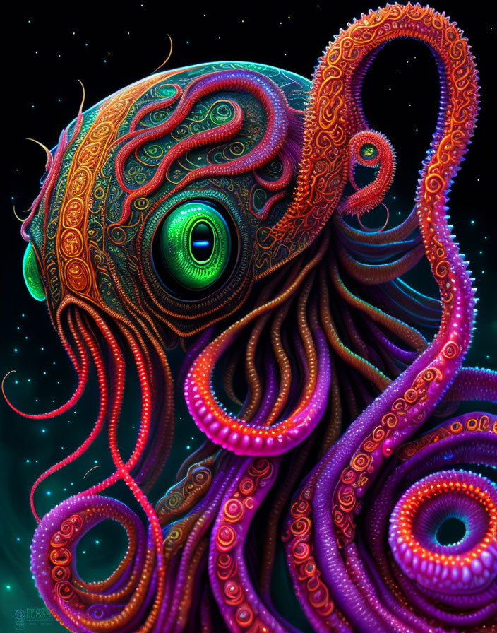 Colorful Psychedelic Octopus with Cosmic Background