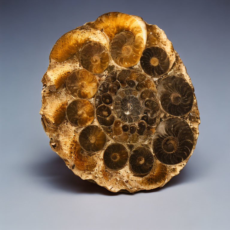 Fossilized ammonite with spiral chambers in golden-brown hues on blue background