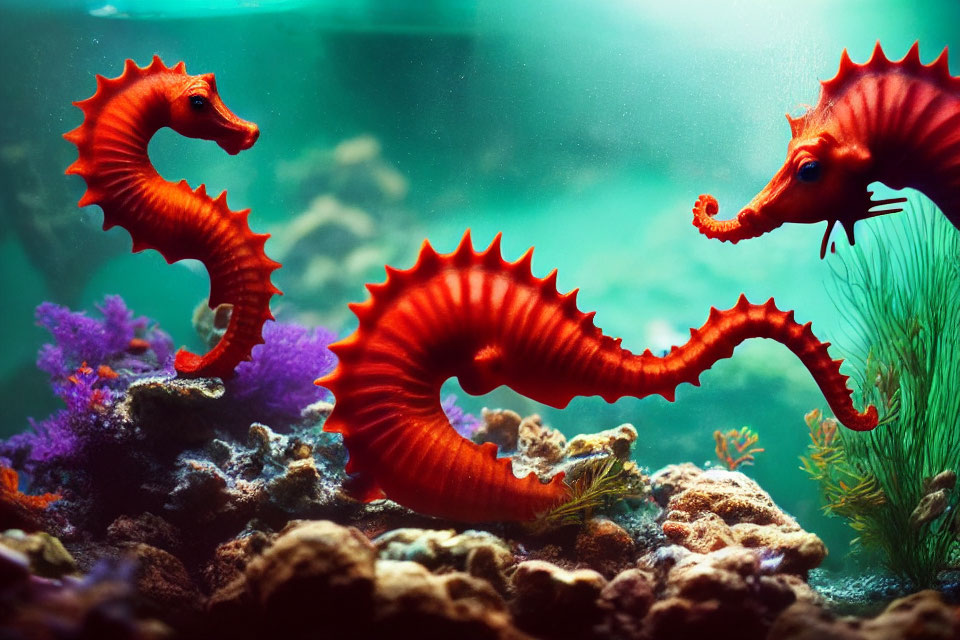 Vibrant red seahorses in colorful coral aquarium