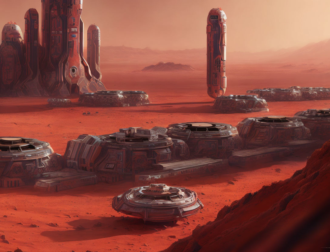 Red Martian landscape featuring futuristic structures and scattered equipment under a hazy sky