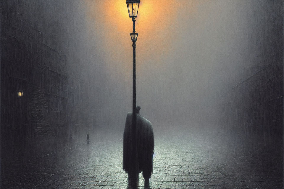 Mysterious figure under street lamp in heavy fog