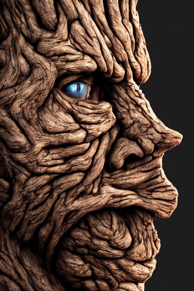 Humanoid Creature with Bark-Like Skin and Striking Blue Eye