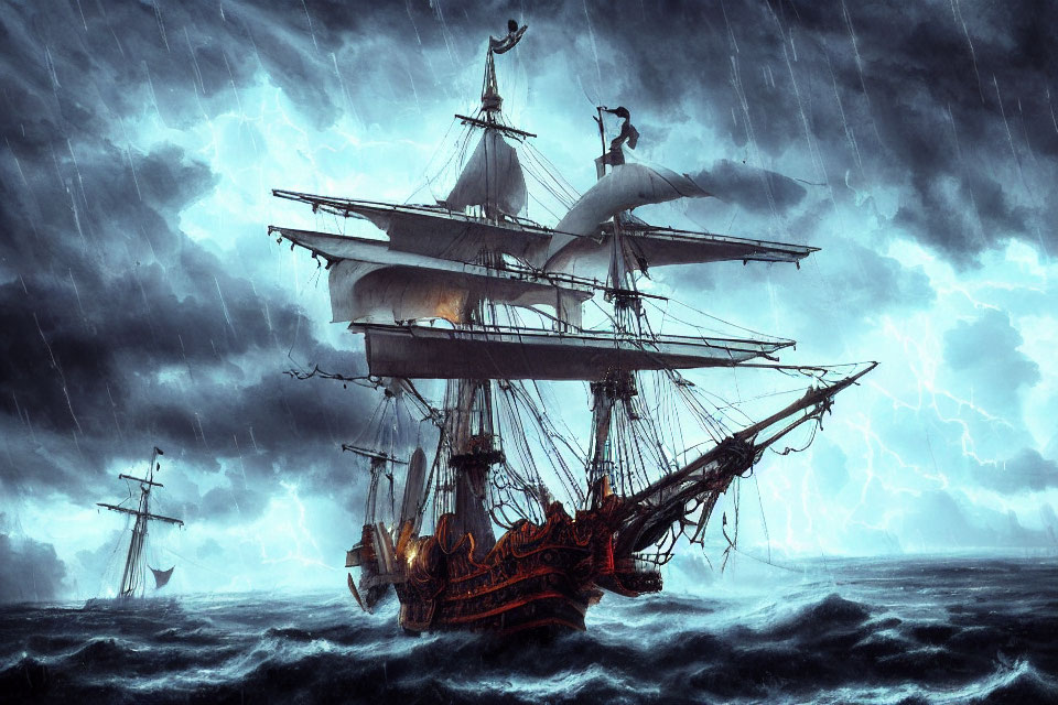 Tall ships sailing in stormy seas with lightning and dramatic sky.