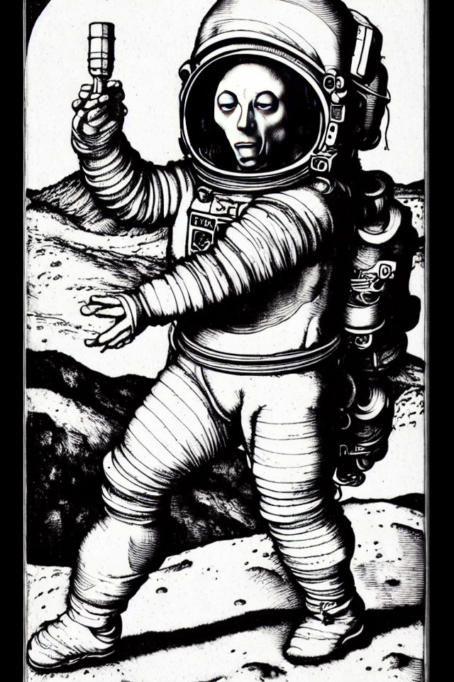 Vintage spacesuit astronaut walking on rocky moon surface with flagpole and visor up