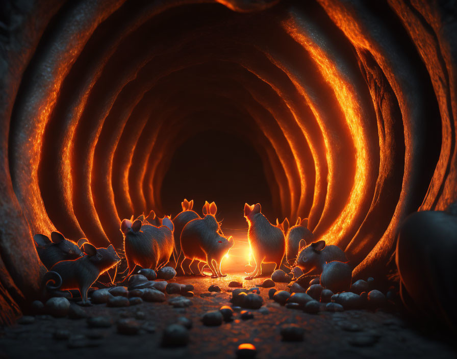 Mice in circular tunnel with warm, glowing light