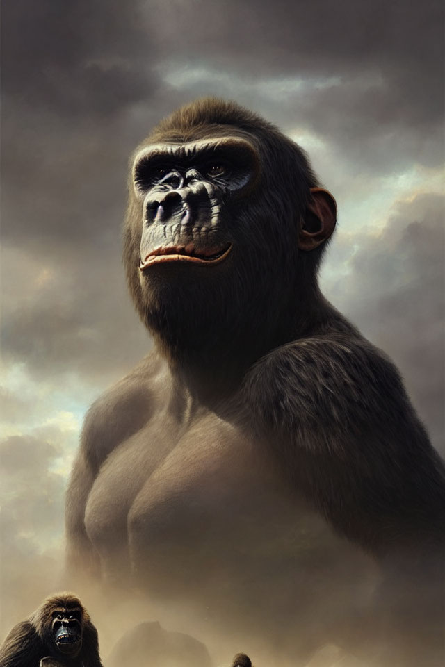 Realistic digital painting of two gorillas under a cloudy sky