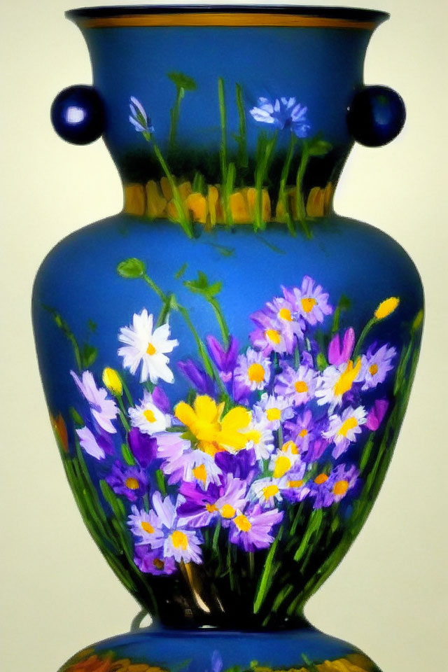 Blue Vase with Floral Design and Handles in White, Yellow, and Purple