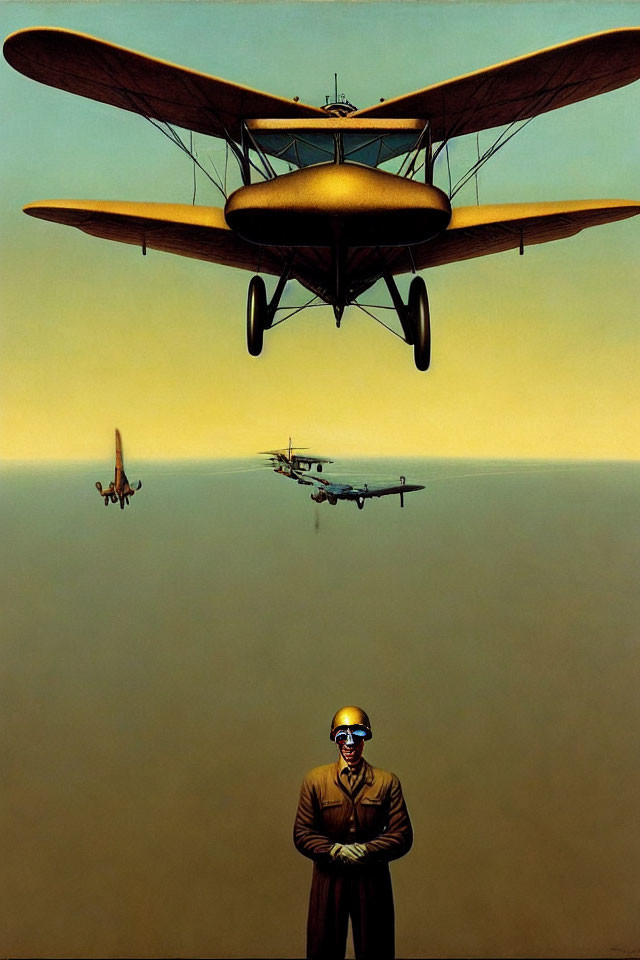 Pilot in helmet and goggles with aircraft in painting.