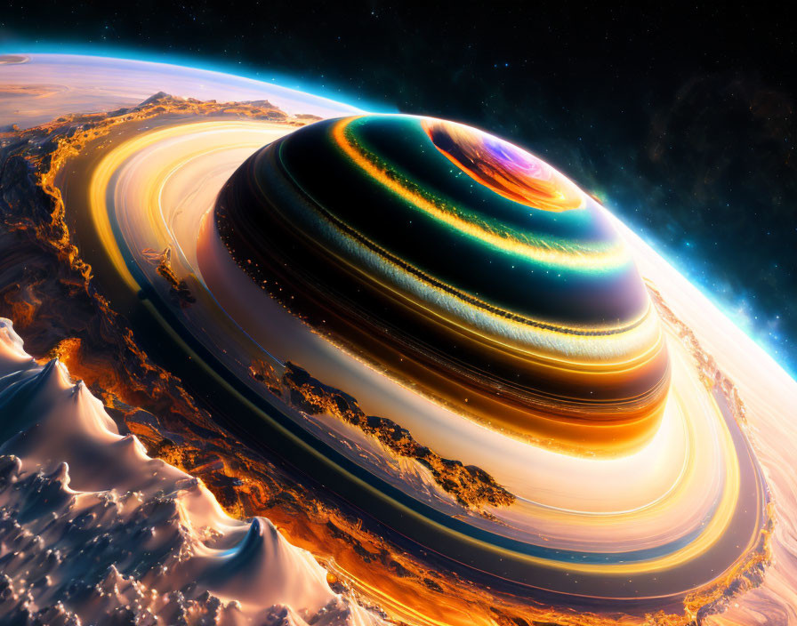 Colorful digital artwork of a vibrant planet with swirling rings and dynamic surface in starry space.