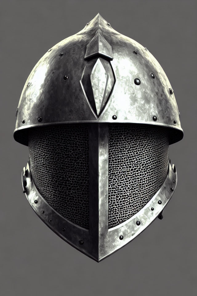 Medieval knight's steel helmet with visor, riveted accents, and diamond emblem