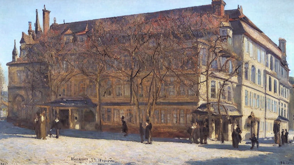 Winter street scene with bare trees, pedestrians, and old buildings.