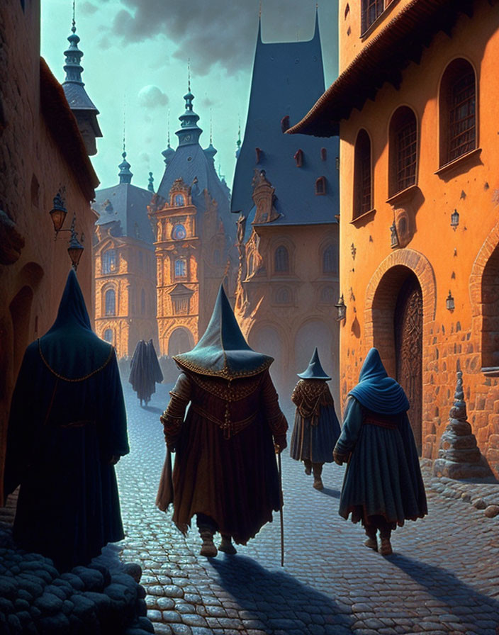 Mysterious cloaked figures in medieval alley at dusk