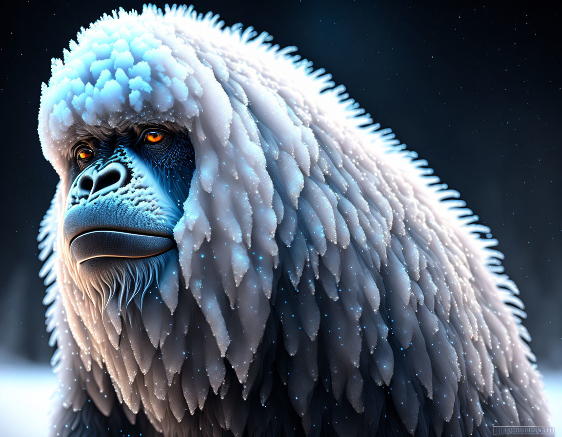 Close-up digital artwork: Gorilla with blue gaze, frost-covered fur, snowflakes, win