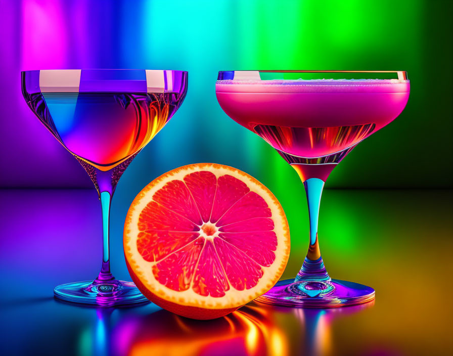 Vibrant multicolored background with two colorful cocktails in stemmed glasses