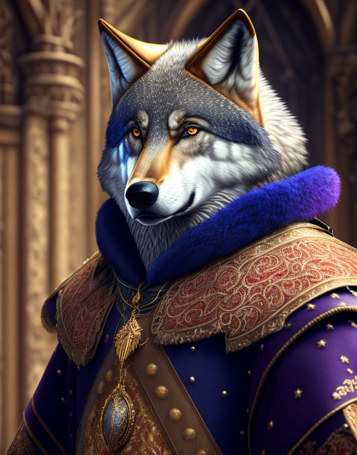 Regal anthropomorphic wolf in purple and gold robe in ornate Gothic hall